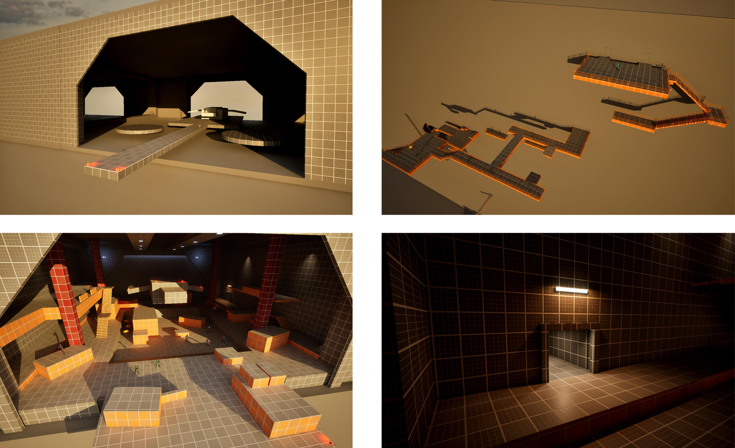 Starting in the upper hangar, the fireteam makes their way down the wall scaffolding and into the lower hangar for a light combat encounter, with lots of verticality. heading through the door at the back when the enemies are defeated