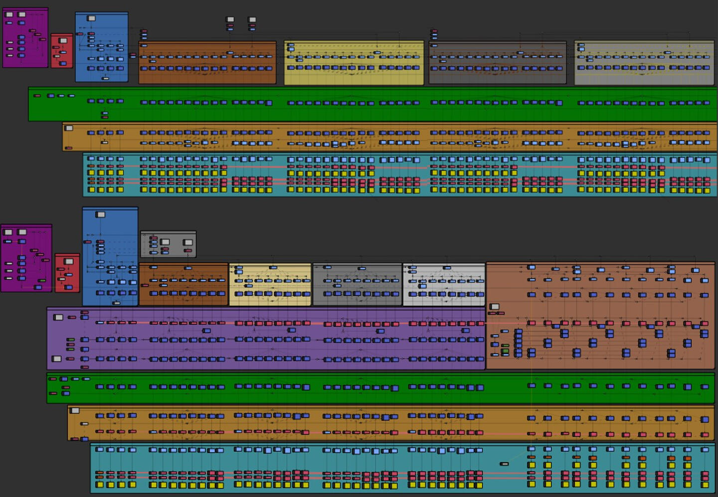 Natron node graph for the final render. Each section is a part of the image processing pipeline, each column is a color variant, and each small yellow square is a distinct final image.