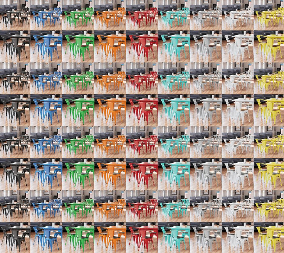 9 of the different colors, every 2 rows being a different wood seat and every other row cropping in to focus on the chair.