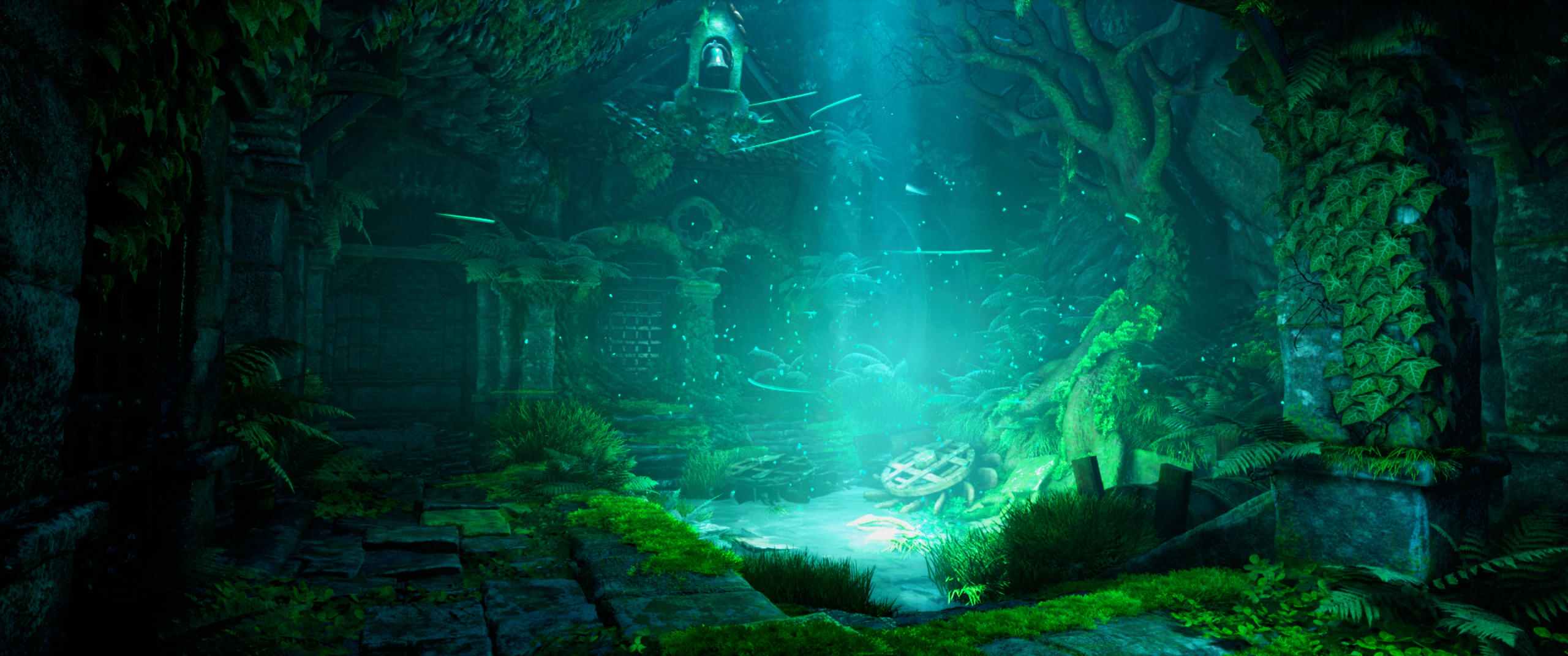 Healing Pool Scene Scenario. Here I wanted to go for something fantastical, like something out of a classic JRPG. I shifted focus of the scene from the back water mill to the pool of water and introduced a new custom particle system to give a mythical feel