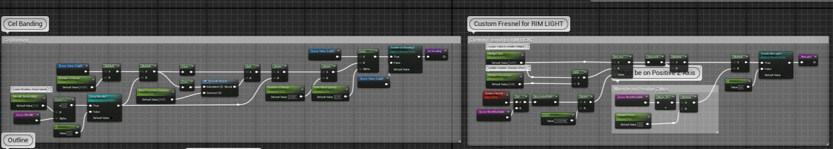 Number and blending of cel bands can be adjust for metallic and non metal areas separately, and the rim light uses a cheap fresnel based on camera vector and the z height of the vertex